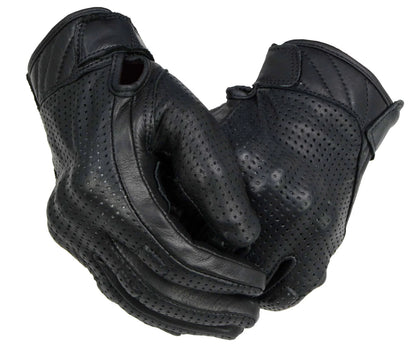 Men's Black Perforated Leather Gel Padded Palm Motorcycle Hand Gloves W/ 'Rubberized Hard Knuckle’ For Protection