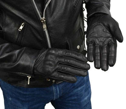 Men's Black Perforated Leather Gel Padded Palm Motorcycle Hand Gloves W/ 'Rubberized Hard Knuckle’ For Protection