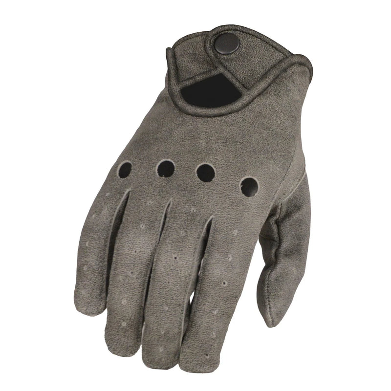 Men's Grey Perforated Leather Full Finger Motorcycle Hand Gloves W/ Breathable ‘Open Knuckle’