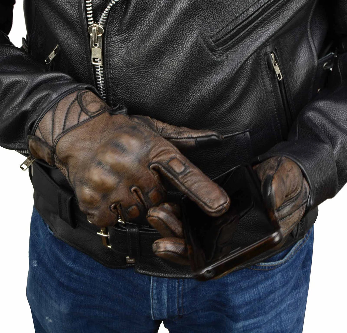 Men's Brown Leather i-Touch Screen Compatible Gel Palm Motorcycle Gloves W/ Protective Knuckle