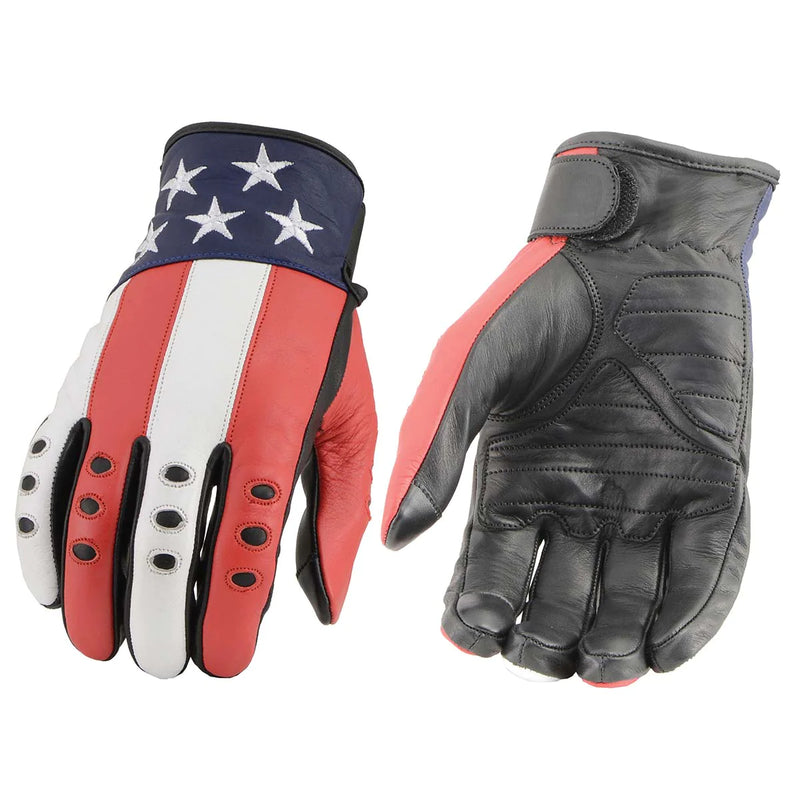 Men's Black Leather i-Touch Screen Compatible Motorcycle Hand Gloves w/ Stars and Stripes