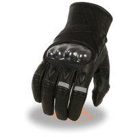 Men's Black Leather Protective Knuckle Racer Motorcycle Gloves W/ Elasticized Reflective Fingers