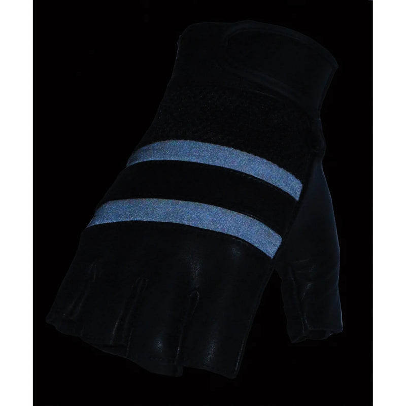 Men's Black Leather Mesh Gel Palm Fingerless Motorcycle Hand Gloves W/ ‘Reflective Bands’