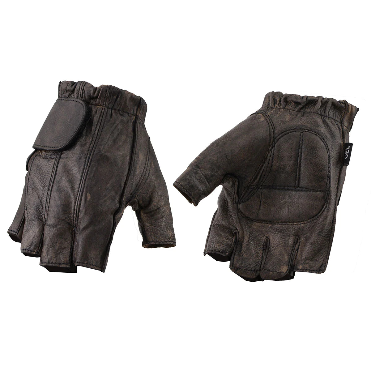Men's Brown Leather Gel Padded Palm Fingerless Motorcycle Hand Gloves Made W/ ‘Naked Leather’