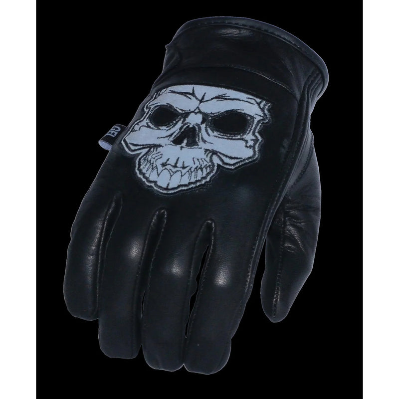 Men's Black Leather ‘Reflective Skull’ Motorcycle Hand Gloves W/ Gel Padded Palm