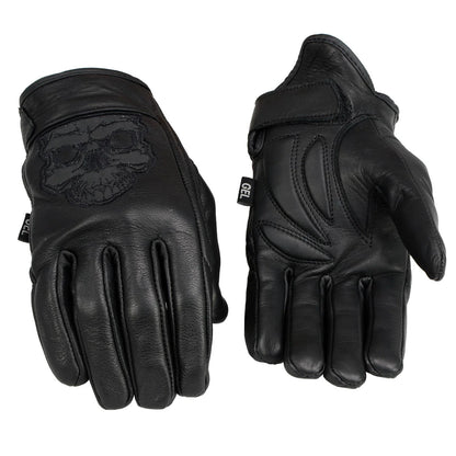 Men's Black Leather ‘Reflective Skull’ Motorcycle Hand Gloves W/ Gel Padded Palm