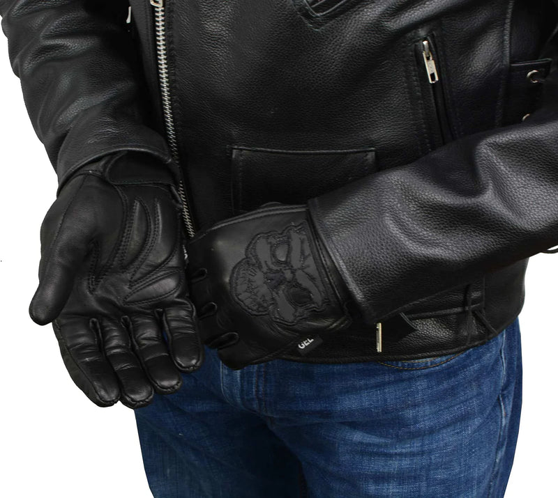 Men's Black Leather ‘Reflective Skull’ Motorcycle Hand Gloves W/ Gel Padded Palm