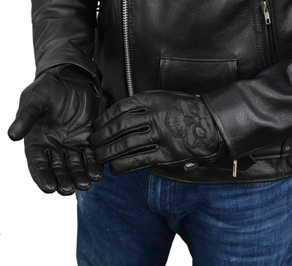 Men's Black Leather ‘Reflective Skull’ Motorcycle Hand Gloves W/ Gel Padded Palm