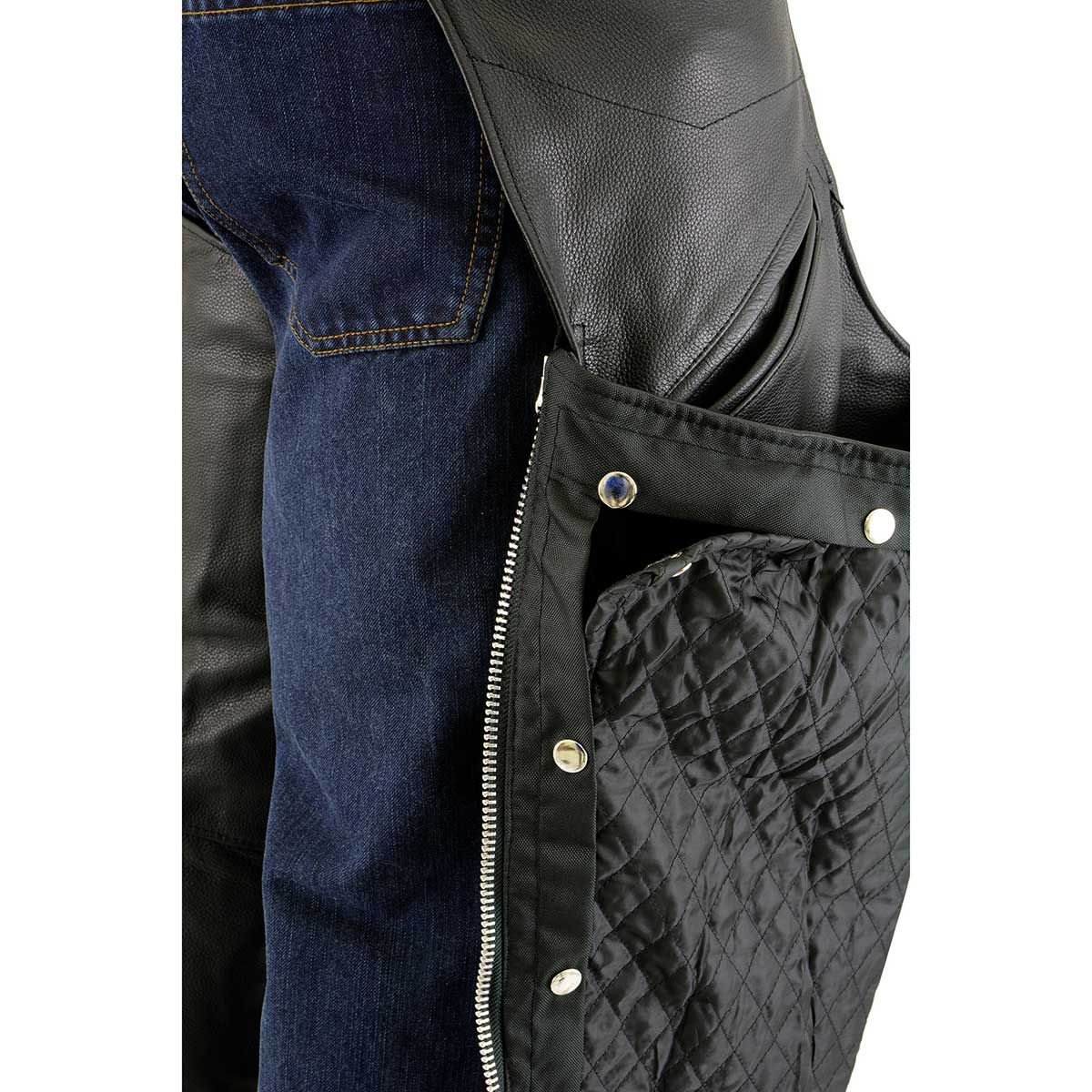 Men's Black Leather Chaps with Slash Pocket and Thermal Liner