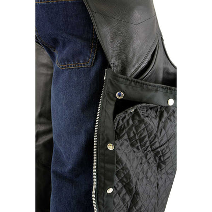 Men's Black Leather Chaps with Slash Pocket and Thermal Liner