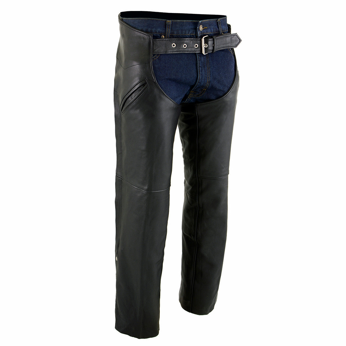 Men's Black Premium Naked Cowhide Leather Motorcycle Chaps with Thermal Liner ML1103