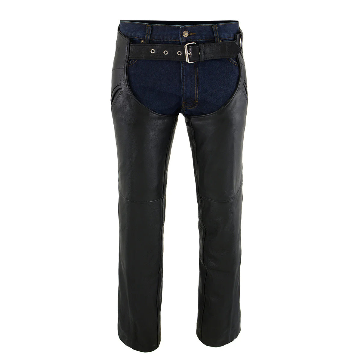 Men's Black Leather Chaps with Slash Pocket and Thermal Liner