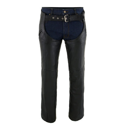 Men's Black Leather Chaps with Slash Pocket and Thermal Liner