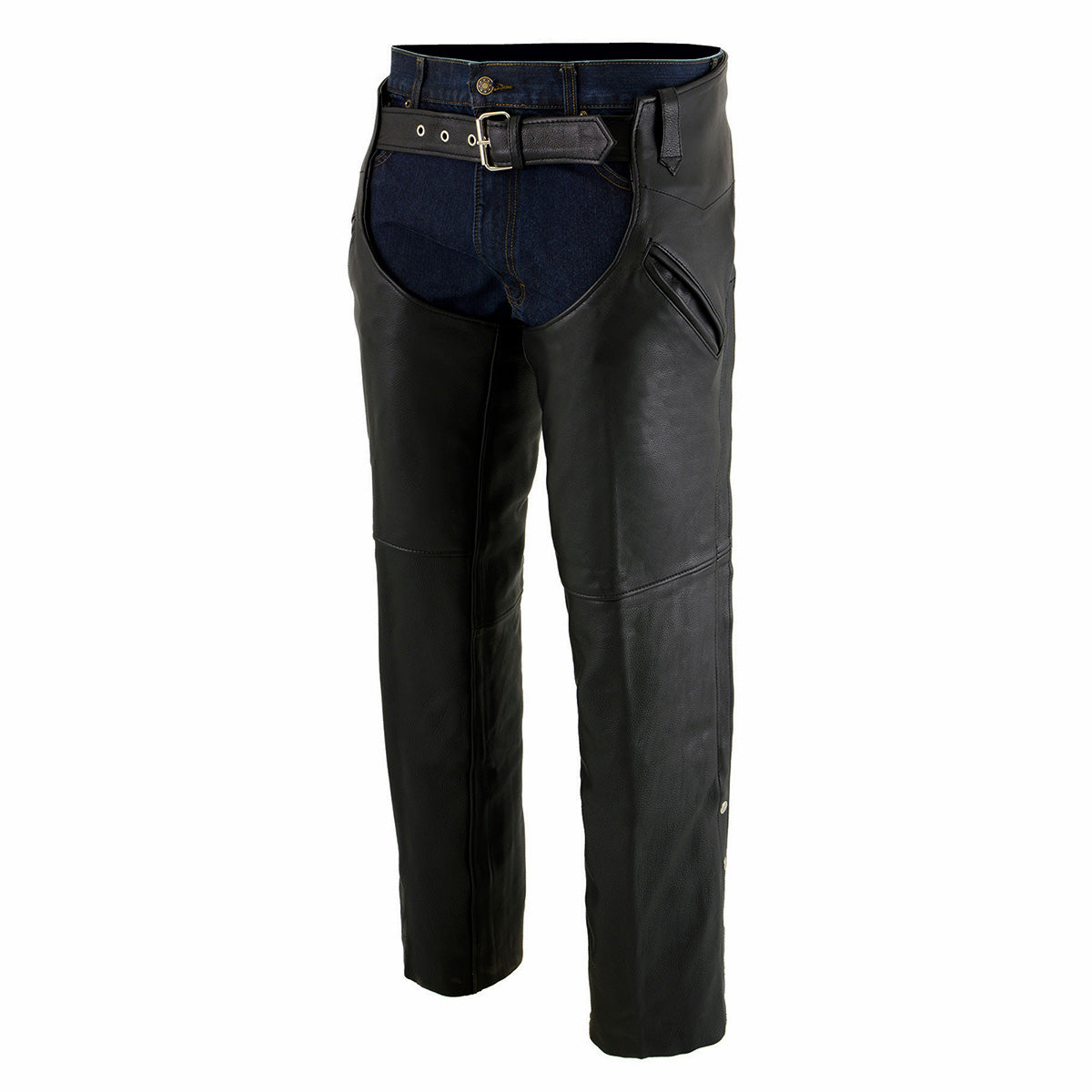 Men's Black Premium Naked Cowhide Leather Motorcycle Chaps with Thermal Liner ML1103