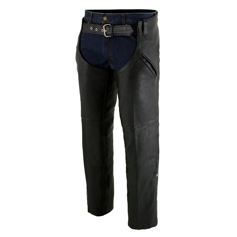 Men's Black Leather Chaps with Slash Pocket and Thermal Liner