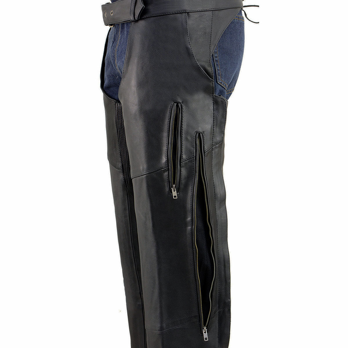 Men's Black Vented Premium Leather Motorcycle Chaps w/ Side Pocket-Stretch Thigh-ML1129
