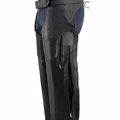 Men's Black Vented Premium Leather Motorcycle Chaps w/ Side Pocket-Stretch Thigh-ML1129