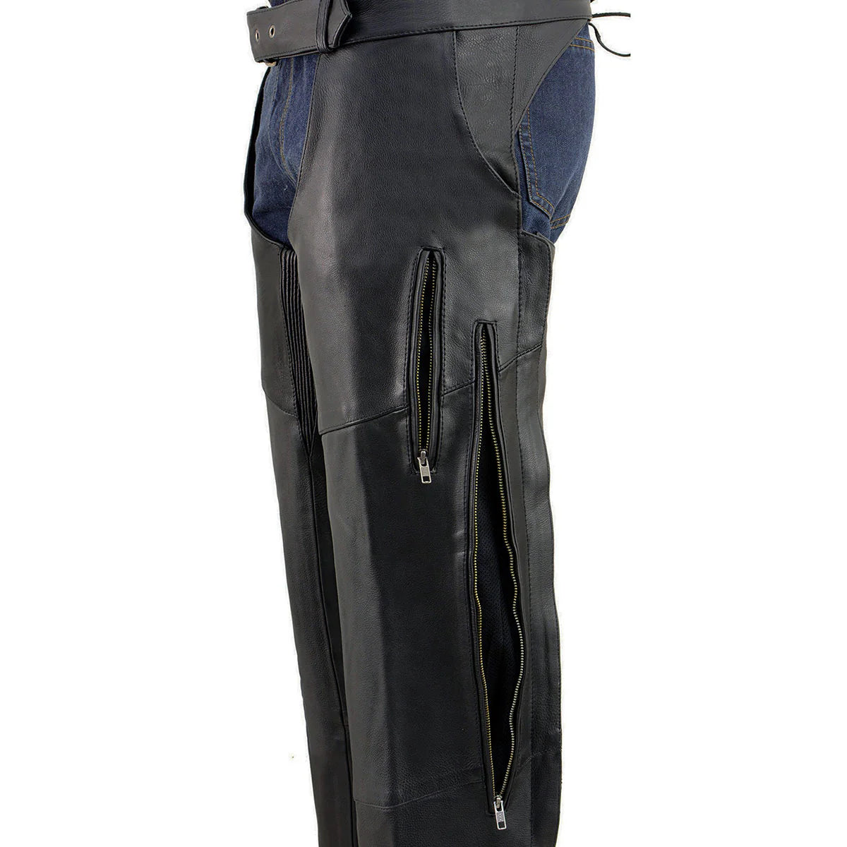 Men's Black Vented Motorcycle Leather Chaps with Stretch Thighs