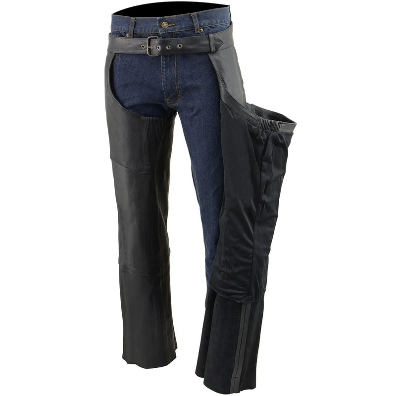 Men's Black Vented Motorcycle Leather Chaps with Stretch Thighs