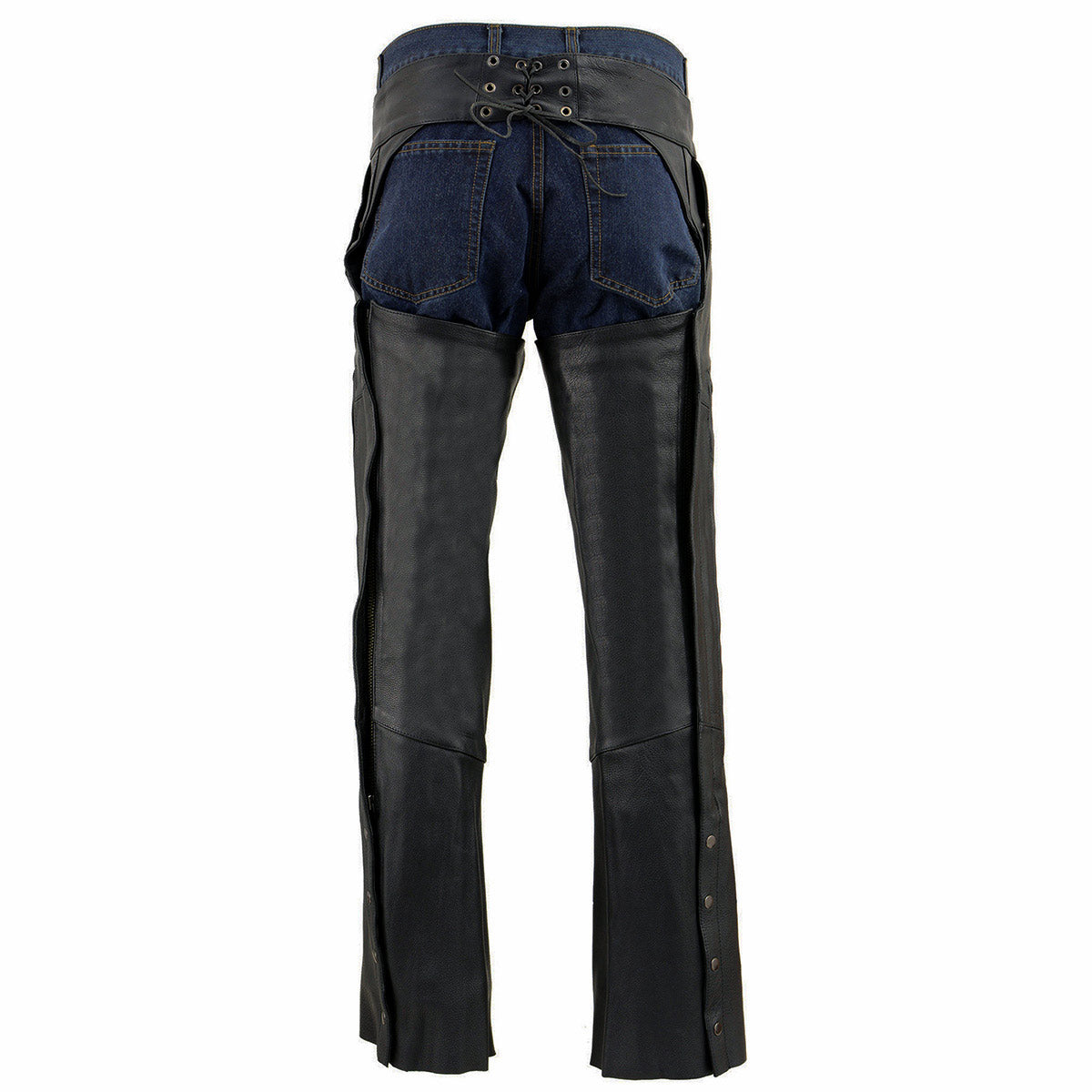 Men's Black Vented Premium Leather Motorcycle Chaps w/ Side Pocket-Stretch Thigh-ML1129