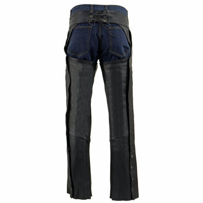 Men's Black Vented Premium Leather Motorcycle Chaps w/ Side Pocket-Stretch Thigh-ML1129