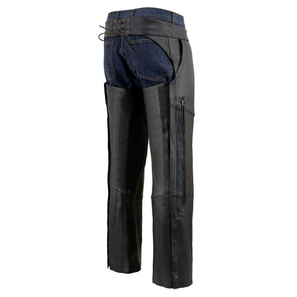Men's Black Vented Premium Leather Motorcycle Chaps w/ Side Pocket-Stretch Thigh-ML1129