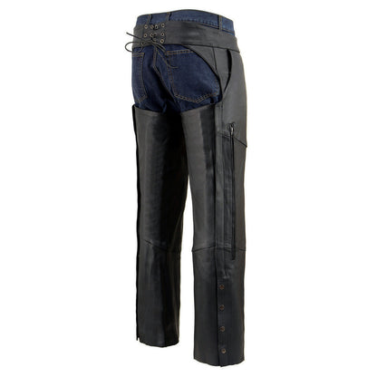 Men's Black Vented Premium Leather Motorcycle Chaps w/ Side Pocket-Stretch Thigh-ML1129
