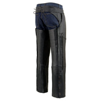 Men's Black Vented Motorcycle Leather Chaps with Stretch Thighs