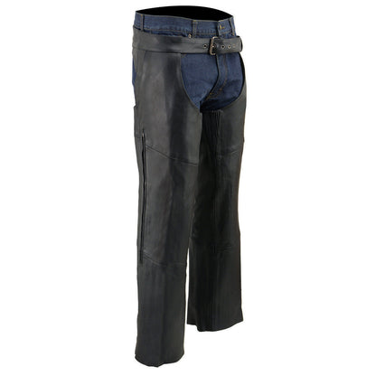 Men's Black Vented Premium Leather Motorcycle Chaps w/ Side Pocket-Stretch Thigh-ML1129
