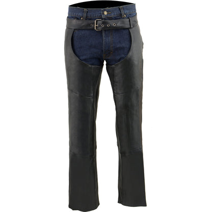 Men's Black Vented Premium Leather Motorcycle Chaps w/ Side Pocket-Stretch Thigh-ML1129
