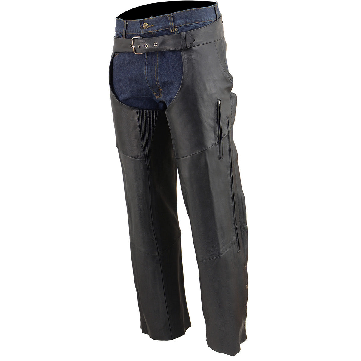 Men's Black Vented Premium Leather Motorcycle Chaps w/ Side Pocket-Stretch Thigh-ML1129