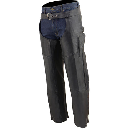 Men's Black Vented Premium Leather Motorcycle Chaps w/ Side Pocket-Stretch Thigh-ML1129