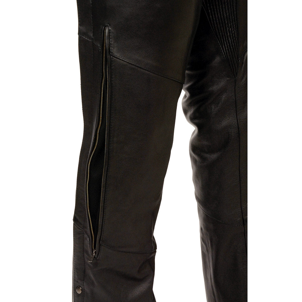 Men's Black Vented Premium Leather Motorcycle Chaps w/ Side Pocket-Stretch Thigh-ML1129