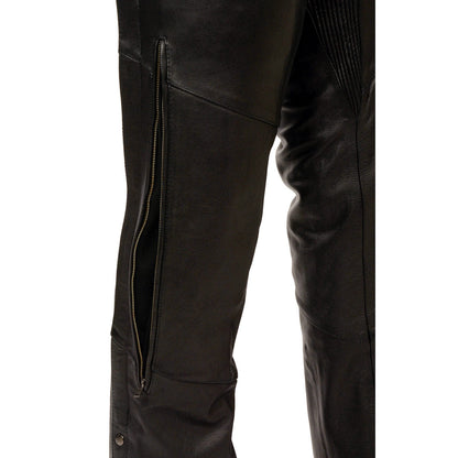 Men's Black Vented Premium Leather Motorcycle Chaps w/ Side Pocket-Stretch Thigh-ML1129