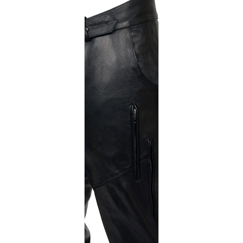 Men's Black Vented Motorcycle Leather Chaps with Stretch Thighs