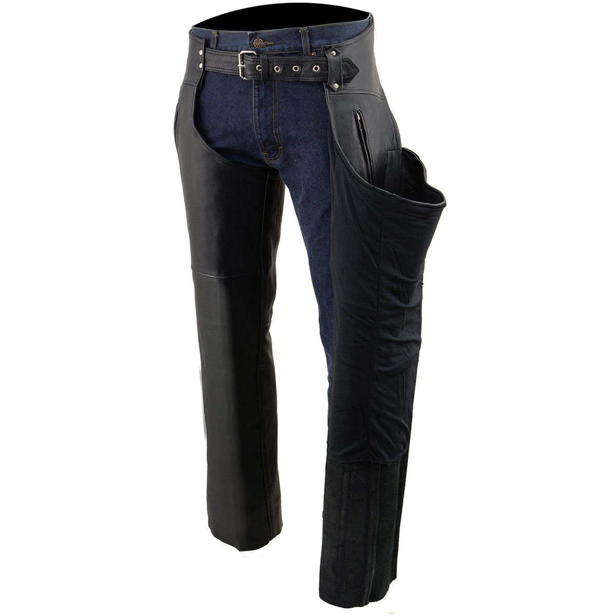 Men's Premium Naked Cowhide Leather Motorcycle Chaps with Thigh Pocket ML1190
