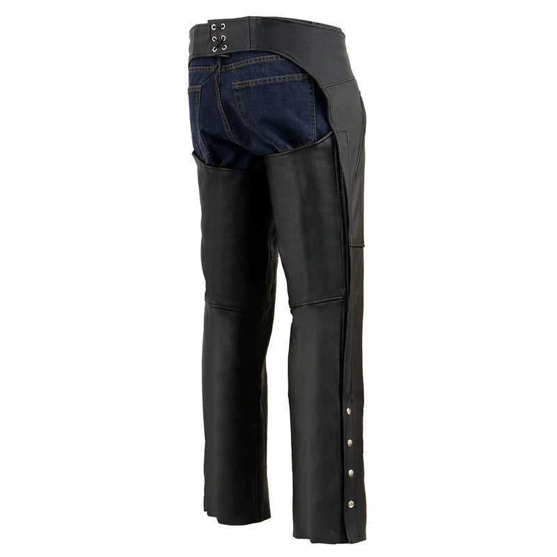 Men's Classic Black Leather Motorcycle Chaps with Zipper Thigh Pocket