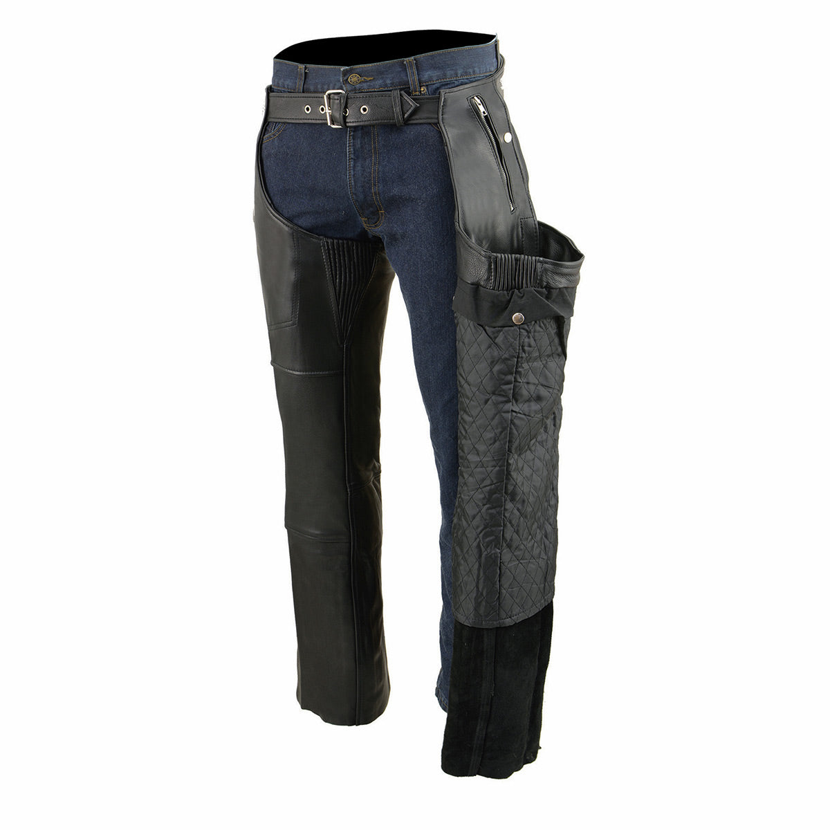 Men's Premium Black Leather Snap Out Thermal Lined Motorcycle Rider Chaps ML1191
