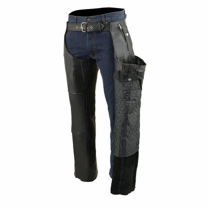 Men's Premium Black Leather Snap Out Thermal Lined Motorcycle Rider Chaps ML1191