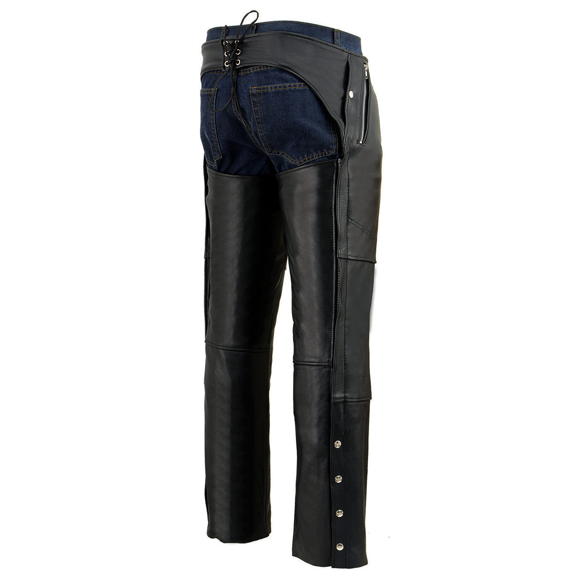 Men's Premium Black Leather Snap Out Thermal Lined Motorcycle Rider Chaps ML1191
