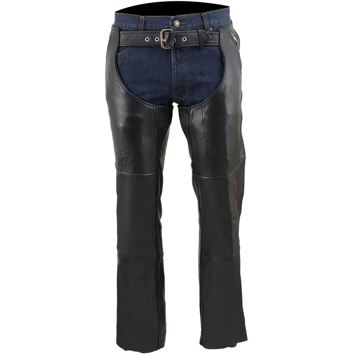 Men's Premium Black Leather Snap Out Thermal Lined Motorcycle Rider Chaps ML1191