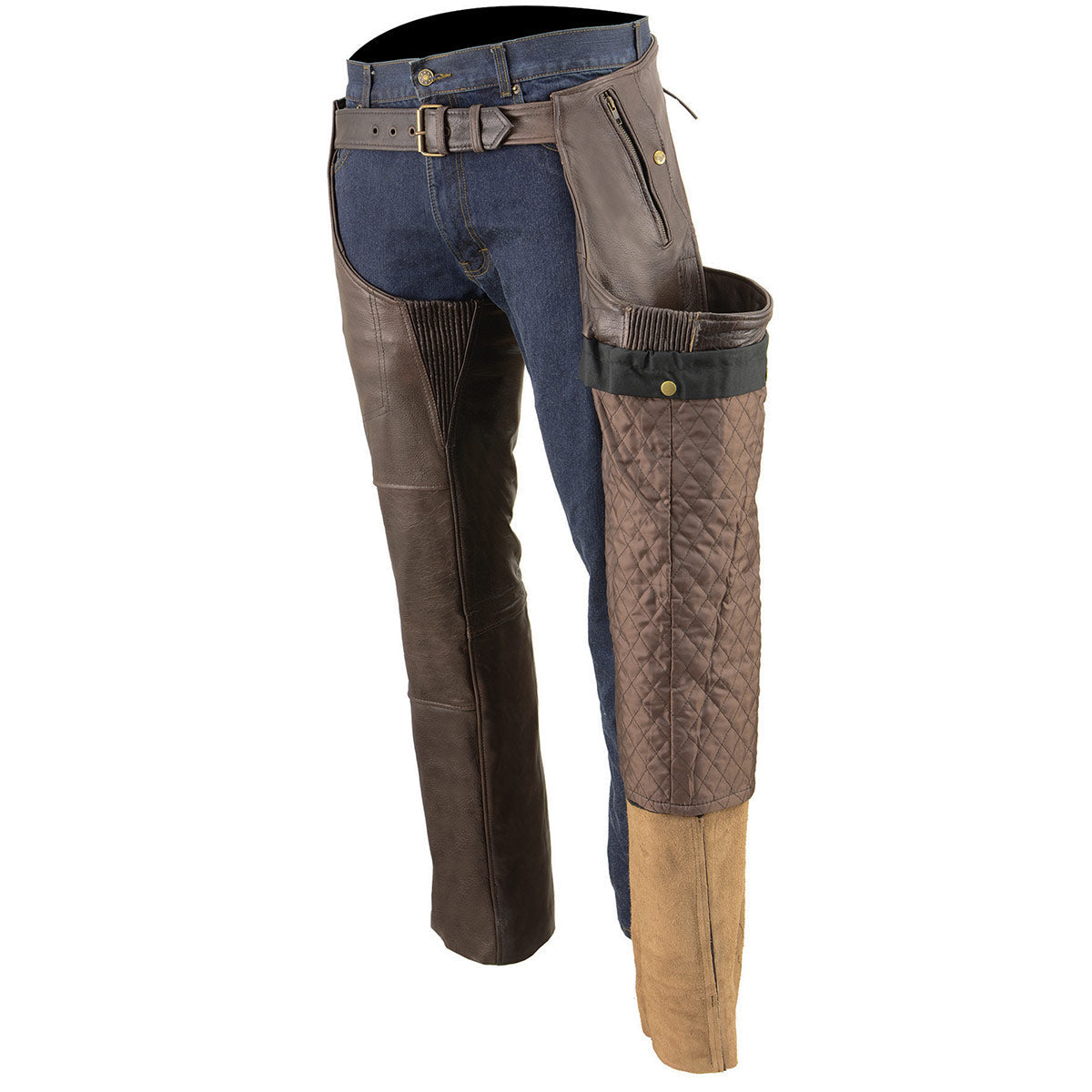 Men's Retro Brown Premium Leather Motorcycle Rider Chaps With Snap Out Thermal Liner 4-Pockets ML1191RT