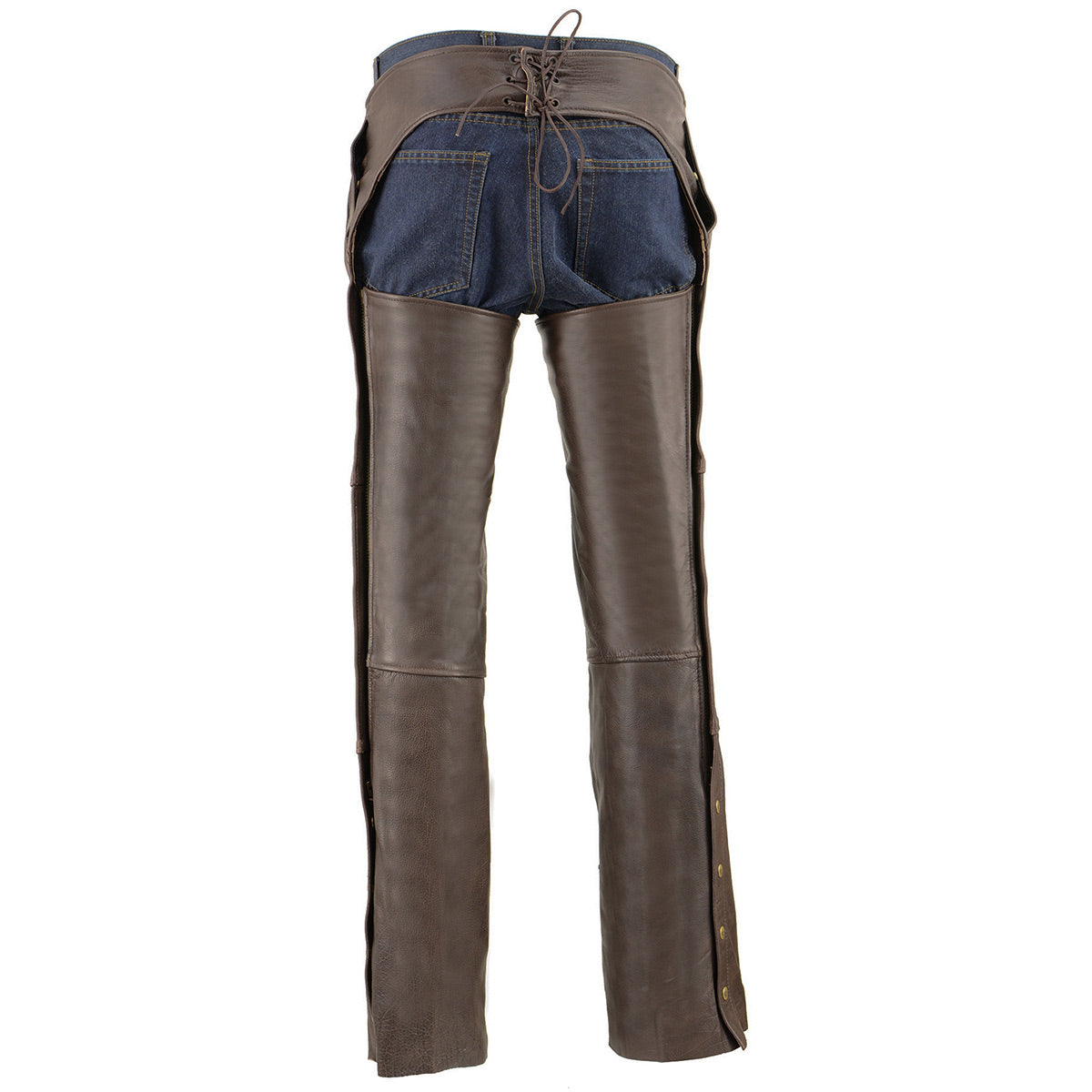 Men's Retro Brown Premium Leather Motorcycle Rider Chaps With Snap Out Thermal Liner 4-Pockets ML1191RT