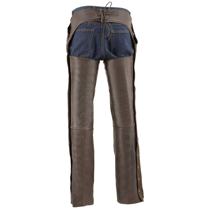 Men's Retro Brown Premium Leather Motorcycle Rider Chaps With Snap Out Thermal Liner 4-Pockets ML1191RT