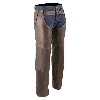 Men's Retro Brown Premium Leather Motorcycle Rider Chaps With Snap Out Thermal Liner 4-Pockets ML1191RT