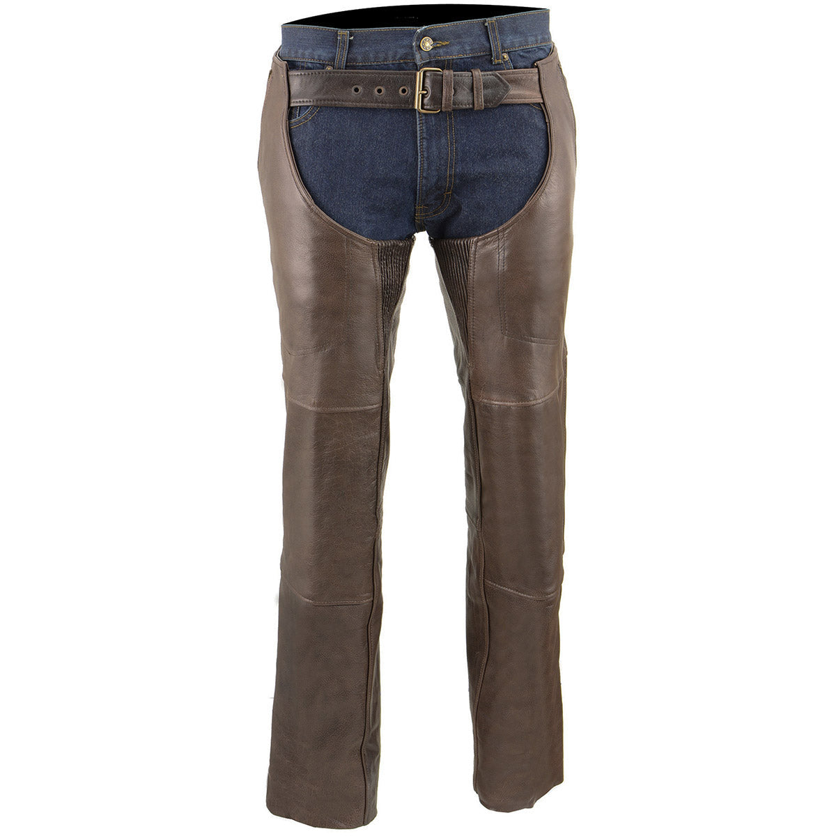 Men's Retro Brown Premium Leather Motorcycle Rider Chaps With Snap Out Thermal Liner 4-Pockets ML1191RT