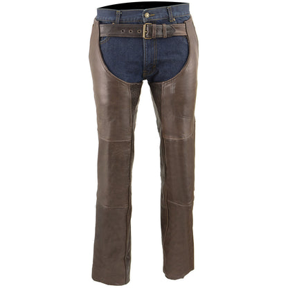 Men's Retro Brown Premium Leather Motorcycle Rider Chaps With Snap Out Thermal Liner 4-Pockets ML1191RT