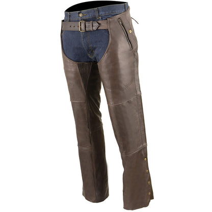 Men's Retro Brown Premium Leather Motorcycle Rider Chaps With Snap Out Thermal Liner 4-Pockets ML1191RT