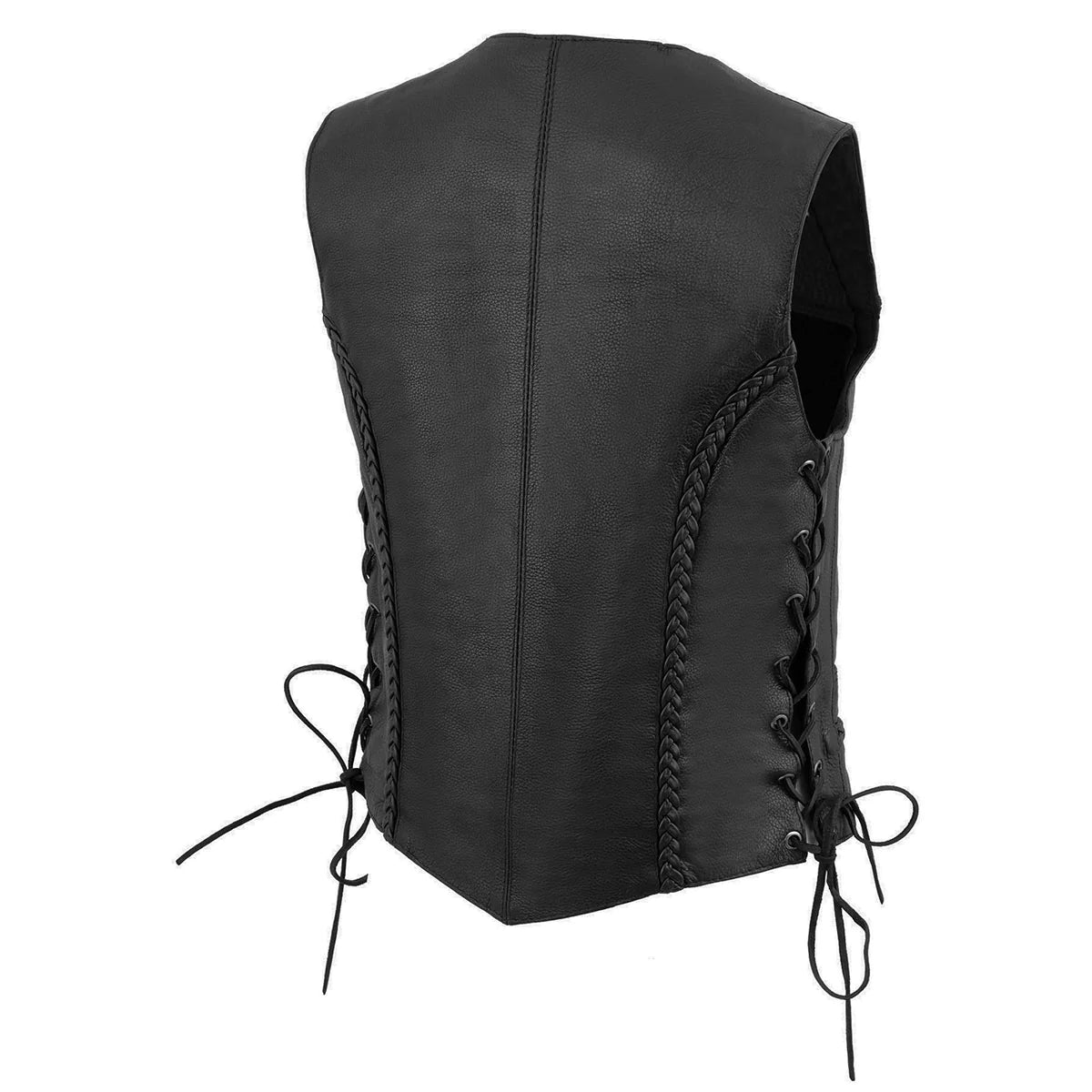 Men's Black Side Lace Leather Biker Vest – Braided Details & Snap Front – Leather King EL1314GO