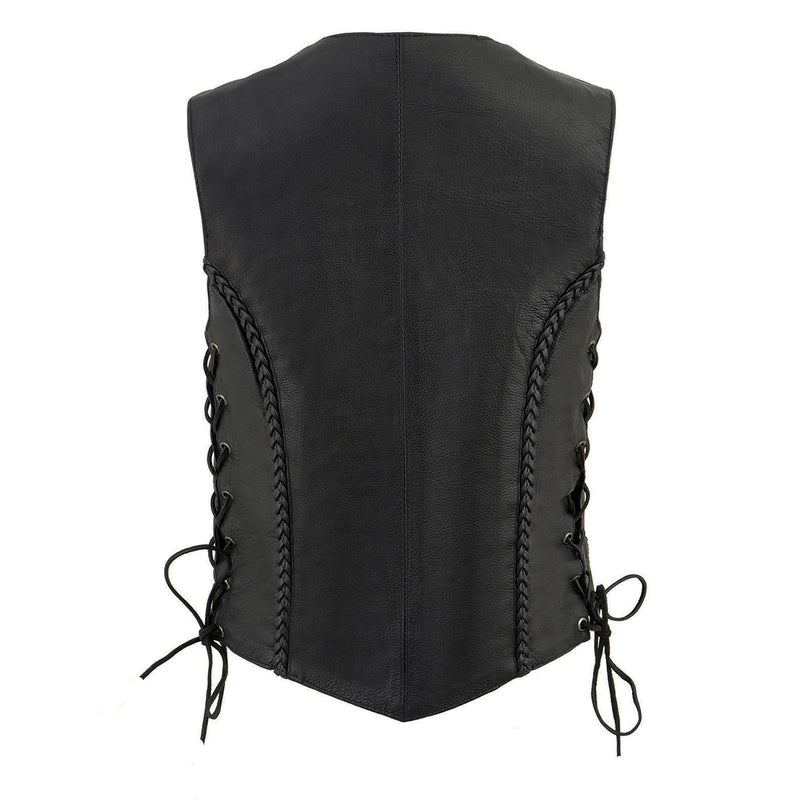 Women's Black Braided Naked Leather Side Lace Motorcycle Rider Vest W/Front Snap Closure